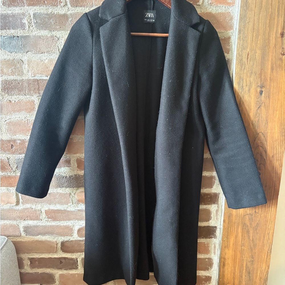 ZARA Black Long Wool-Blend Trench Coat